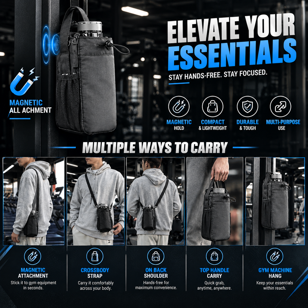 Magnetic Gym & Sports Sling Bag | Workout Equipment Organizer – (Without Bottle)