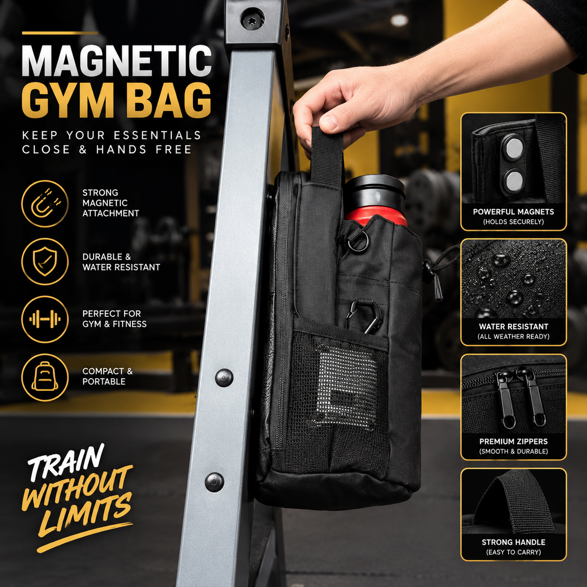 Magnetic Gym & Sports Sling Bag | Workout Equipment Organizer – (Without Bottle)